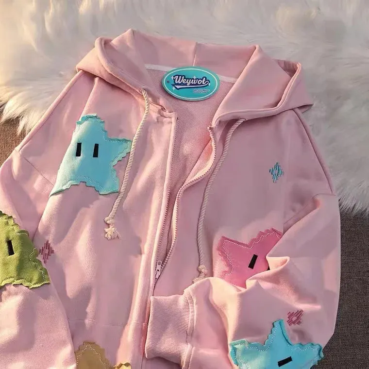 Y2K Fashion Spring Autumn Oversized Coat Sweatshirt Print Women's Hoodie Punk Couple Full Zip Up Hoodie Tops Kawaii Clothes