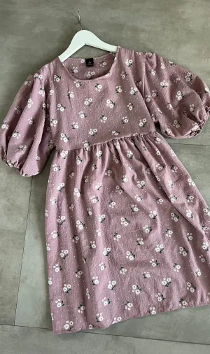 YANA Floral-Print Puff-Sleeve Babydoll Dress w/ Bag (Mauve)